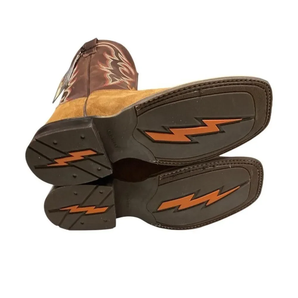 Old West Cowboy Boots Men 8 EE Brown Suede Leather Square Toe Embroidery Western
